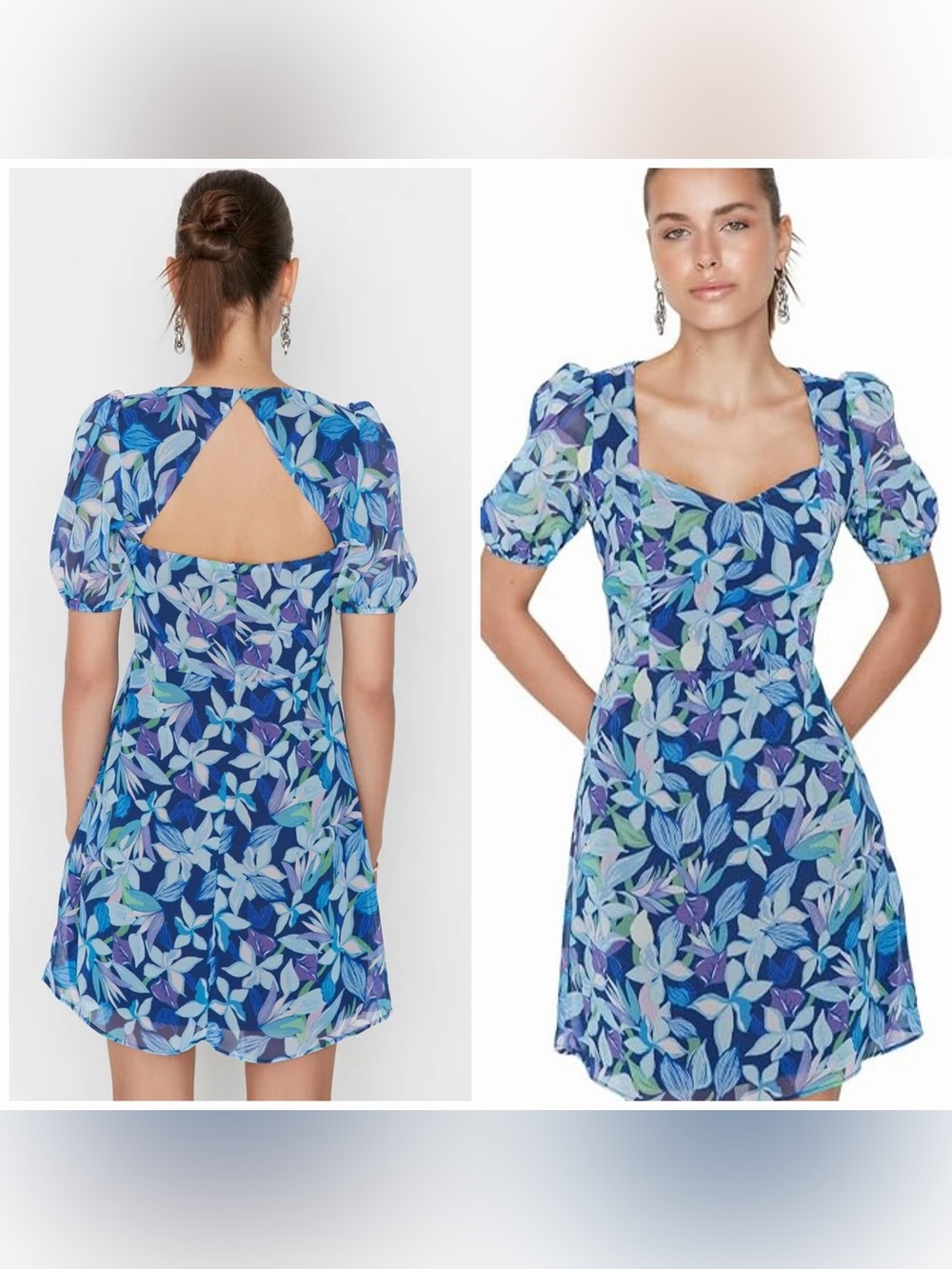 Trendyol Blue Floral Puff Sleeve Open Back Mini Dress EU 38 US 6 Small
